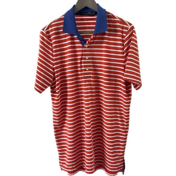 RLX Ralph Lauren Orange White Striped Polo Shirt S Contrast Collar Blue - Picture 1 of 7